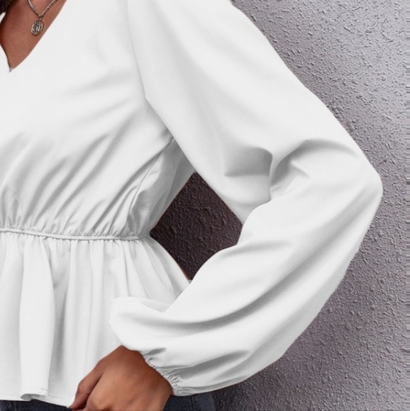 White V-Neck Peplum Top with Stylish Balloon Sleeves - Picture 2 of 9